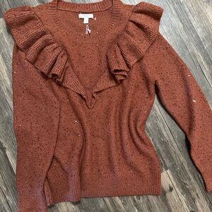 NWT Lauren Conrad Ruffle Sweater Brown & Sequined L